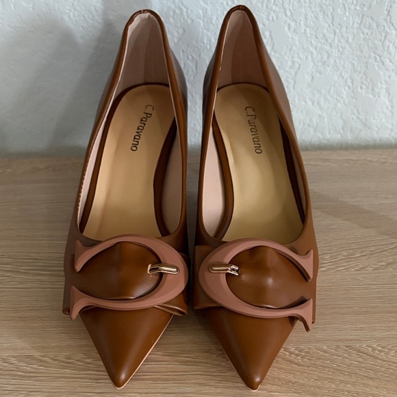 C.Paravano Shoes - C. Paravano Tan Pointed-Toe Heels with Decorative Buckle